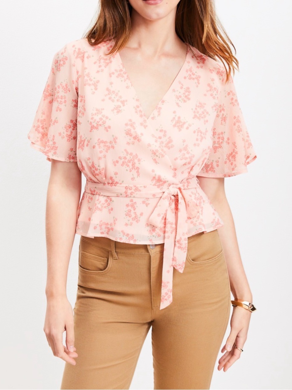 NWOT Loft Meadow Peplum Peach Floral Wrap Top with Tie Waist